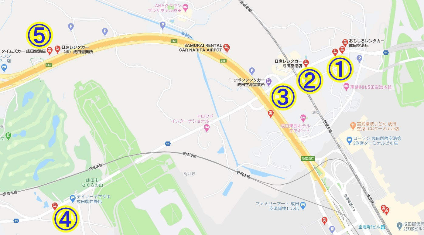 成田空港からレンタカー各社の距離・位置関係